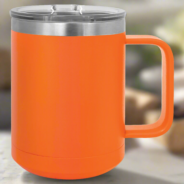 Orange insulated mug with a silver lid