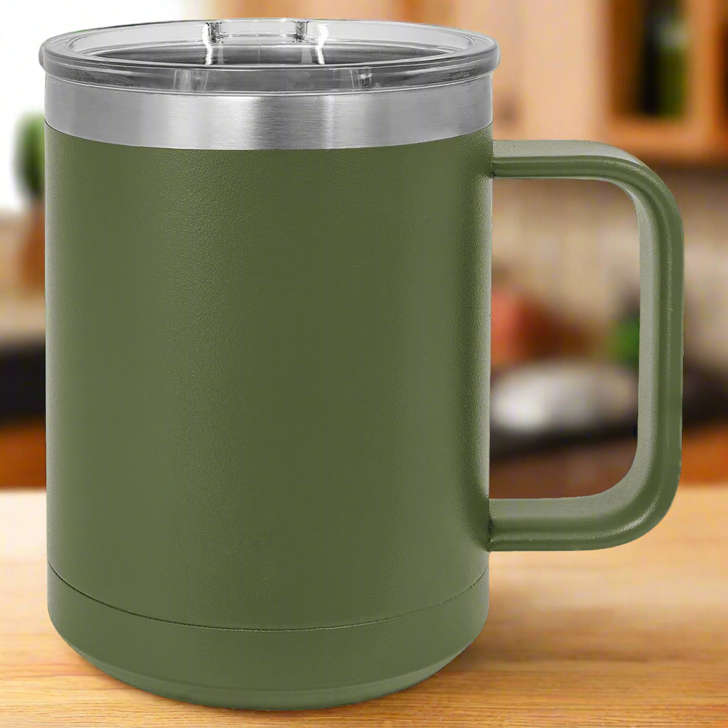 Green insulated mug with a silver ring