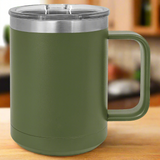 Green insulated mug with a silver ring