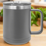 Gray insulated mug with a handle on a white background