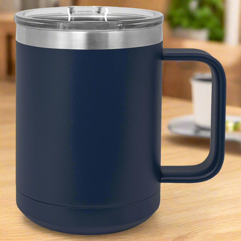 Navy blue insulated mug with a silver rim